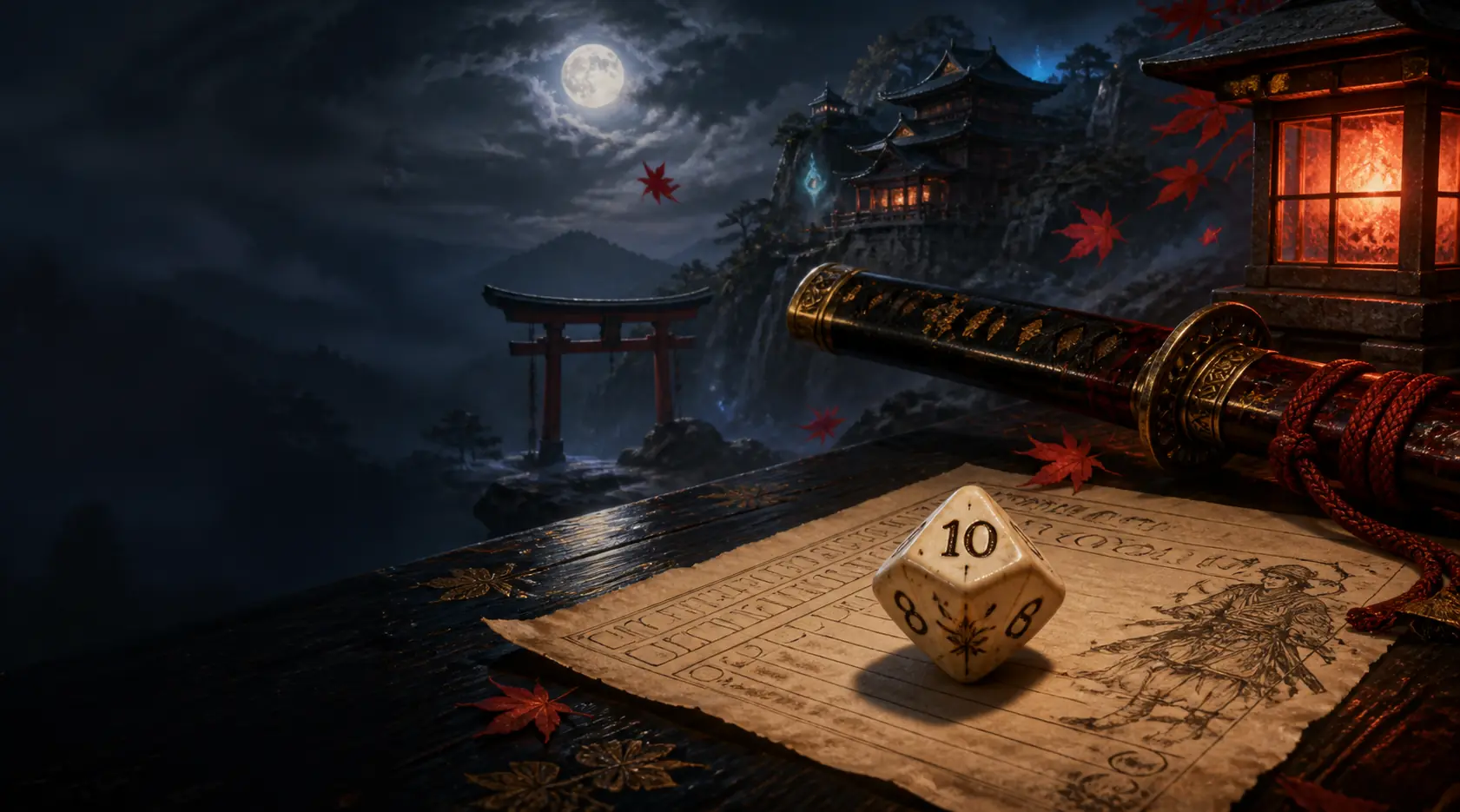 A ten-sided die showing 10 beside a katana at a moonlit mountain shrine