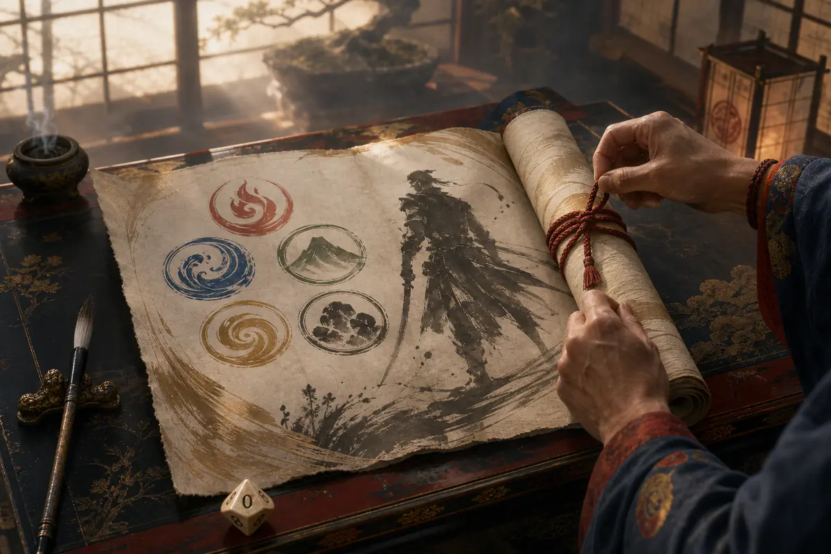 A character scroll being bound with a red oath cord beside elemental seals and a d10.