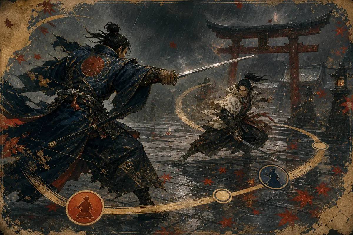 Two oathbound warriors dueling in a rain-dark shrine courtyard.