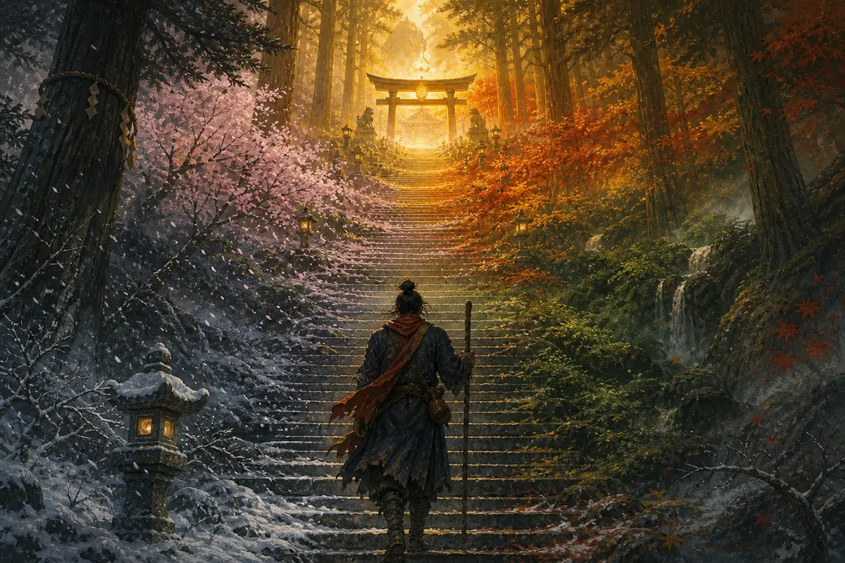An oathbound traveler ascending a mountain shrine stairway through changing seasons.