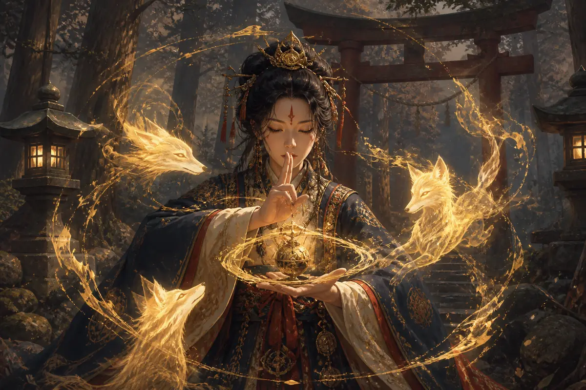 A shrine mystic invoking golden fox spirits and divine energy.