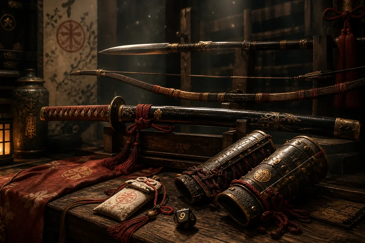 A shrine armory displaying a katana, bow, spear, bracers, and sacred charm.